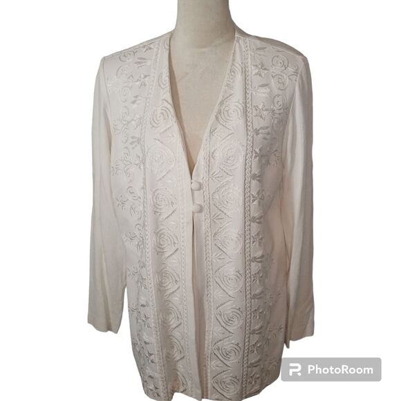 Vintage K Studio Cream 2 Button Open Embroidered Formal Jacket Size 14 - Picture 2 of 7